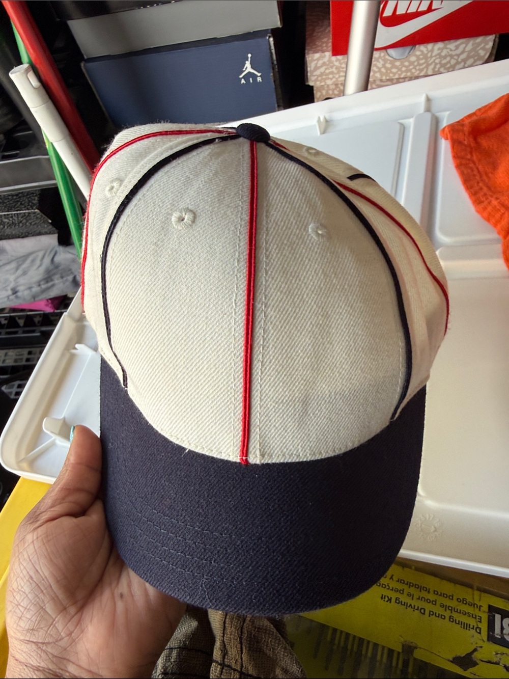 American Needle Two-Tone Baseball Cap in Cream, Navy & Red Piping